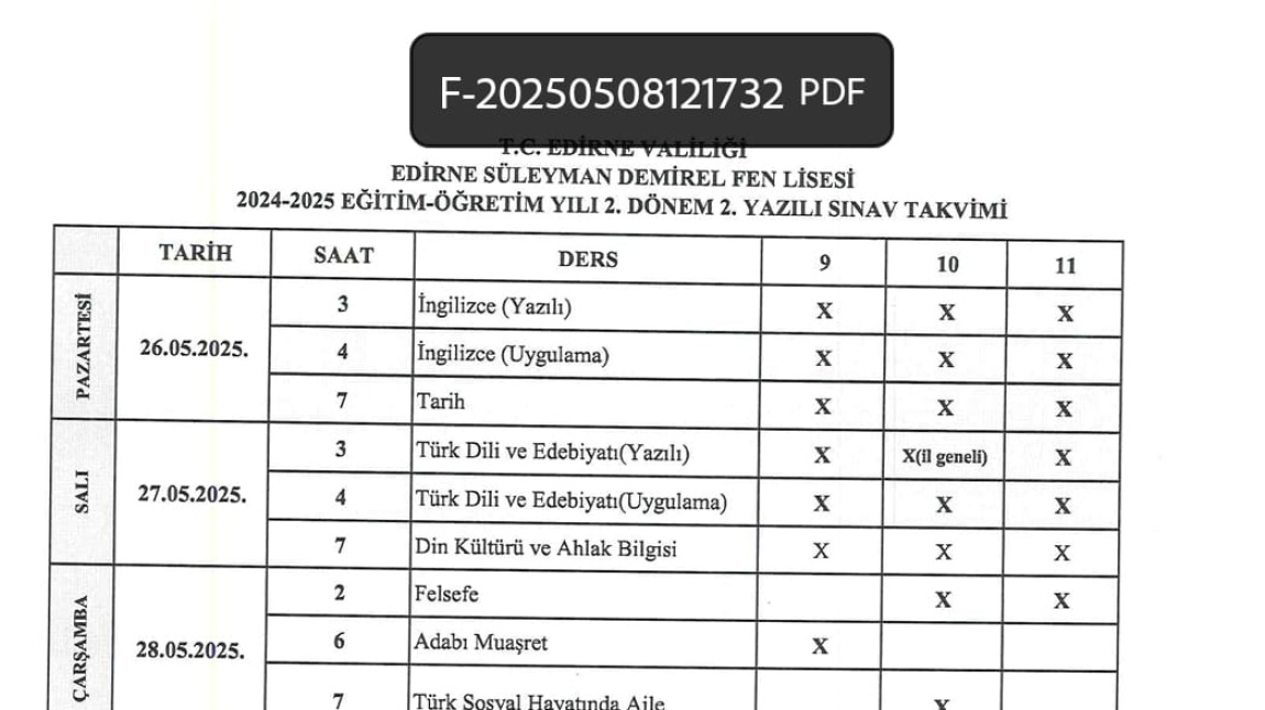 2.Dönem 2.Yazılı Sınav Takvimi